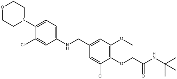 N-(tert-butyl)-2-(2-chloro-4-{[3-chloro-4-(4-morpholinyl)anilino]methyl}-6-methoxyphenoxy)acetamide 化学構造式