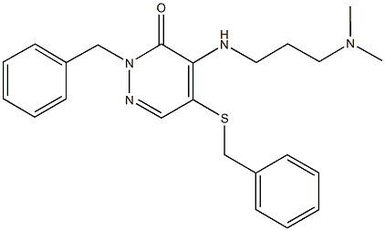 2-benzyl-5-(benzylsulfanyl)-4-{[3-(dimethylamino)propyl]amino}-3(2H)-pyridazinone 结构式