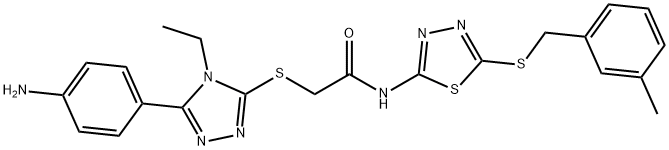 2-{[5-(4-aminophenyl)-4-ethyl-4H-1,2,4-triazol-3-yl]sulfanyl}-N-{5-[(3-methylbenzyl)sulfanyl]-1,3,4-thiadiazol-2-yl}acetamide Struktur