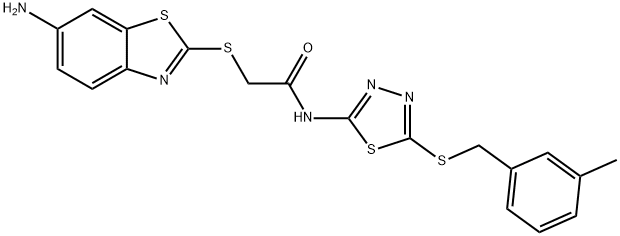 2-[(6-amino-1,3-benzothiazol-2-yl)sulfanyl]-N-{5-[(3-methylbenzyl)sulfanyl]-1,3,4-thiadiazol-2-yl}acetamide 结构式
