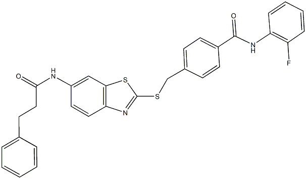 N-(2-fluorophenyl)-4-[({6-[(3-phenylpropanoyl)amino]-1,3-benzothiazol-2-yl}sulfanyl)methyl]benzamide Struktur