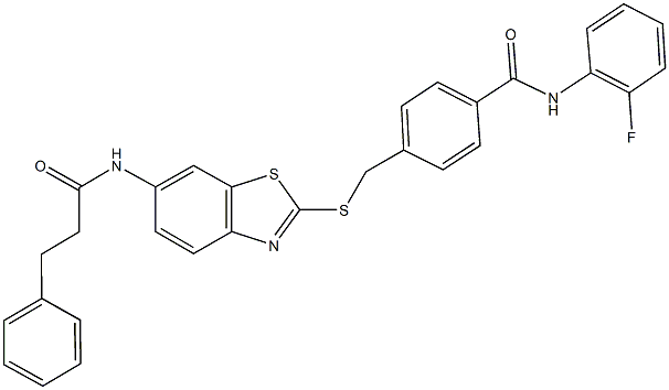 N-(2-fluorophenyl)-4-[({6-[(3-phenylpropanoyl)amino]-1,3-benzothiazol-2-yl}sulfanyl)methyl]benzamide 化学構造式