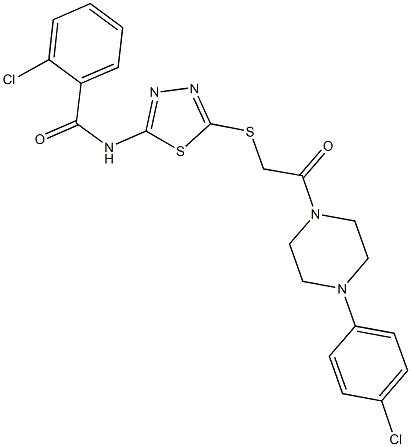 2-chloro-N-[5-({2-[4-(4-chlorophenyl)-1-piperazinyl]-2-oxoethyl}sulfanyl)-1,3,4-thiadiazol-2-yl]benzamide,724451-65-4,结构式