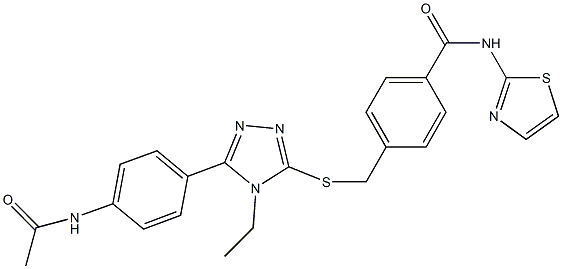 4-[({5-[4-(acetylamino)phenyl]-4-ethyl-4H-1,2,4-triazol-3-yl}sulfanyl)methyl]-N-(1,3-thiazol-2-yl)benzamide 化学構造式