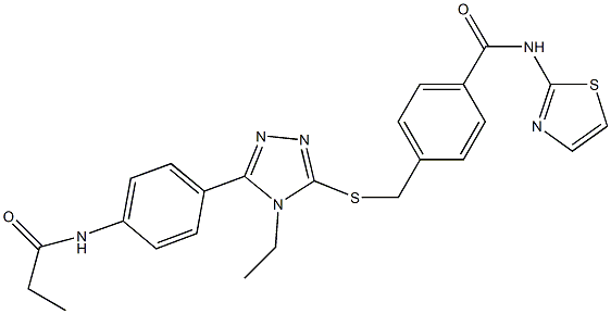 4-[({4-ethyl-5-[4-(propionylamino)phenyl]-4H-1,2,4-triazol-3-yl}sulfanyl)methyl]-N-(1,3-thiazol-2-yl)benzamide Struktur