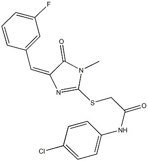 N-(4-chlorophenyl)-2-{[4-(3-fluorobenzylidene)-1-methyl-5-oxo-4,5-dihydro-1H-imidazol-2-yl]sulfanyl}acetamide 化学構造式