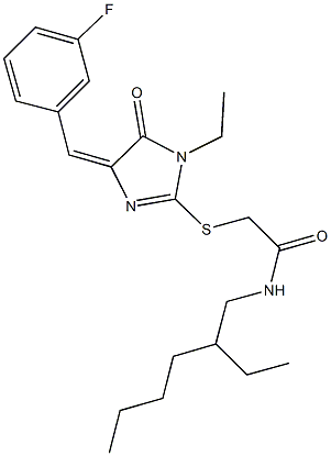 2-{[1-ethyl-4-(3-fluorobenzylidene)-5-oxo-4,5-dihydro-1H-imidazol-2-yl]sulfanyl}-N-(2-ethylhexyl)acetamide 化学構造式