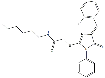 2-{[4-(2-fluorobenzylidene)-5-oxo-1-phenyl-4,5-dihydro-1H-imidazol-2-yl]sulfanyl}-N-hexylacetamide 结构式