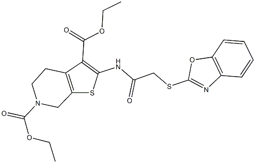 diethyl 2-{[(1,3-benzoxazol-2-ylsulfanyl)acetyl]amino}-4,7-dihydrothieno[2,3-c]pyridine-3,6(5H)-dicarboxylate 结构式