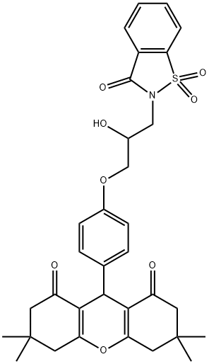 9-{4-[3-(1,1-dioxido-3-oxo-1,2-benzisothiazol-2(3H)-yl)-2-hydroxypropoxy]phenyl}-3,3,6,6-tetramethyl-3,4,5,6,7,9-hexahydro-1H-xanthene-1,8(2H)-dione 化学構造式