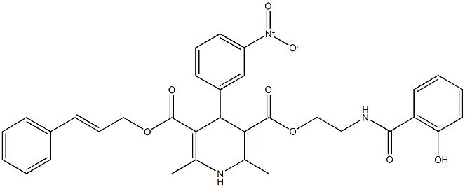 3-cinnamyl 5-{2-[(2-hydroxybenzoyl)amino]ethyl} 4-{3-nitrophenyl}-2,6-dimethyl-1,4-dihydro-3,5-pyridinedicarboxylate 化学構造式