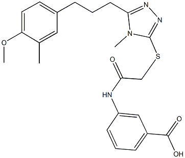 3-{[({5-[3-(4-methoxy-3-methylphenyl)propyl]-4-methyl-4H-1,2,4-triazol-3-yl}sulfanyl)acetyl]amino}benzoic acid 化学構造式