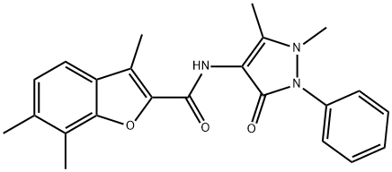 N-(1,5-dimethyl-3-oxo-2-phenyl-2,3-dihydro-1H-pyrazol-4-yl)-3,6,7-trimethyl-1-benzofuran-2-carboxamide 化学構造式