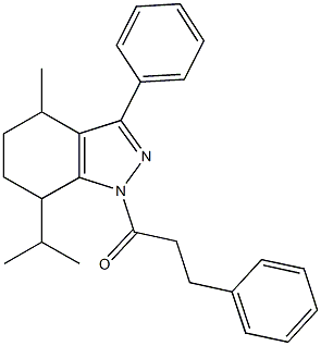 7-isopropyl-4-methyl-3-phenyl-1-(3-phenylpropanoyl)-4,5,6,7-tetrahydro-1H-indazole 结构式