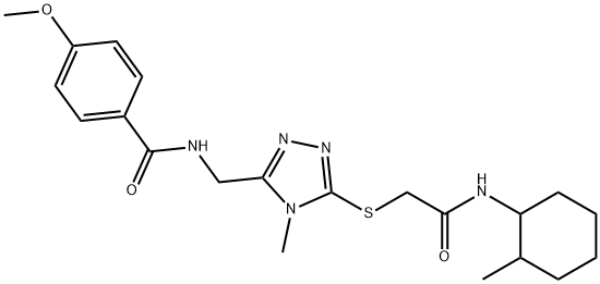 4-methoxy-N-{[4-methyl-5-({2-[(2-methylcyclohexyl)amino]-2-oxoethyl}sulfanyl)-4H-1,2,4-triazol-3-yl]methyl}benzamide 化学構造式