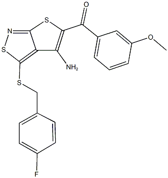 {4-amino-3-[(4-fluorobenzyl)sulfanyl]thieno[2,3-c]isothiazol-5-yl}(3-methoxyphenyl)methanone 化学構造式
