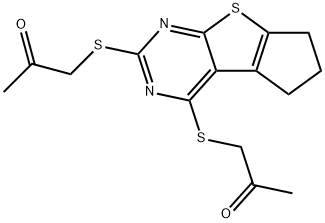 1-({2-[(2-oxopropyl)sulfanyl]-6,7-dihydro-5H-cyclopenta[4,5]thieno[2,3-d]pyrimidin-4-yl}sulfanyl)acetone 化学構造式