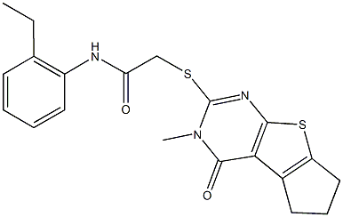 N-(2-ethylphenyl)-2-[(3-methyl-4-oxo-3,5,6,7-tetrahydro-4H-cyclopenta[4,5]thieno[2,3-d]pyrimidin-2-yl)sulfanyl]acetamide 结构式