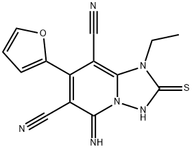 5-amino-6,8-dicyano-1-ethyl-7-(2-furyl)-1H-[1,2,4]triazolo[1,5-a]pyridin-4-ium-2-thiolate Struktur