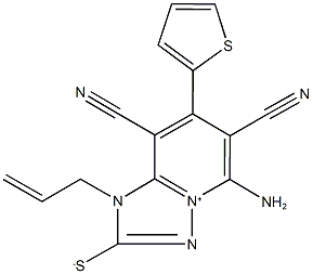 1-allyl-5-amino-6,8-dicyano-7-(2-thienyl)-1H-[1,2,4]triazolo[1,5-a]pyridin-4-ium-2-thiolate 化学構造式