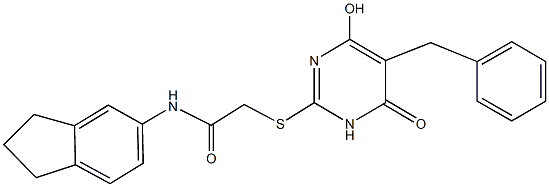 2-[(5-benzyl-4-hydroxy-6-oxo-1,6-dihydro-2-pyrimidinyl)sulfanyl]-N-(2,3-dihydro-1H-inden-5-yl)acetamide 化学構造式