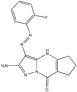 2-amino-3-[(2-fluorophenyl)diazenyl]-4,5,6,7-tetrahydro-8H-cyclopenta[d]pyrazolo[1,5-a]pyrimidin-8-one 化学構造式