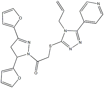4-allyl-5-(4-pyridinyl)-4H-1,2,4-triazol-3-yl 2-[3,5-di(2-furyl)-4,5-dihydro-1H-pyrazol-1-yl]-2-oxoethyl sulfide 化学構造式