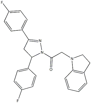1-{2-[3,5-bis(4-fluorophenyl)-4,5-dihydro-1H-pyrazol-1-yl]-2-oxoethyl}indoline Struktur
