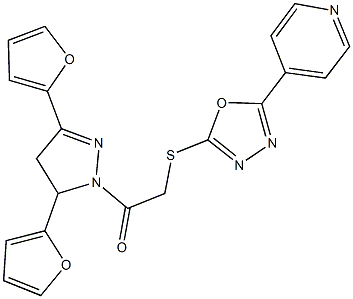 2-[3,5-di(2-furyl)-4,5-dihydro-1H-pyrazol-1-yl]-2-oxoethyl 5-(4-pyridinyl)-1,3,4-oxadiazol-2-yl sulfide Structure