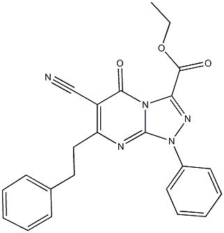 ethyl 6-cyano-5-oxo-1-phenyl-7-(2-phenylethyl)-1,5-dihydro[1,2,4]triazolo[4,3-a]pyrimidine-3-carboxylate 化学構造式