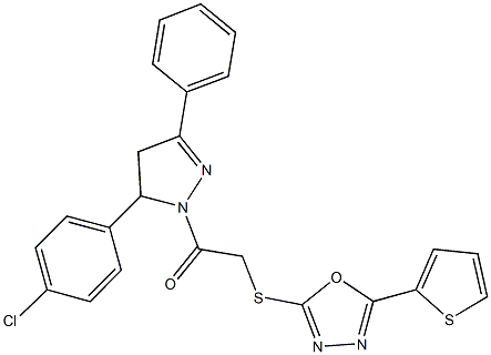 2-[5-(4-chlorophenyl)-3-phenyl-4,5-dihydro-1H-pyrazol-1-yl]-2-oxoethyl 5-(2-thienyl)-1,3,4-oxadiazol-2-yl sulfide 化学構造式