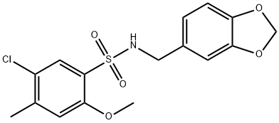 N-(1,3-benzodioxol-5-ylmethyl)-5-chloro-2-methoxy-4-methylbenzenesulfonamide 化学構造式