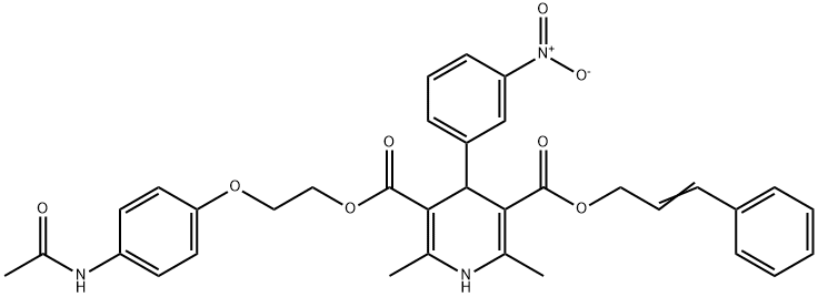 3-{2-[4-(acetylamino)phenoxy]ethyl} 5-cinnamyl 4-{3-nitrophenyl}-2,6-dimethyl-1,4-dihydro-3,5-pyridinedicarboxylate 化学構造式