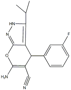 6-amino-4-(3-fluorophenyl)-3-isopropyl-2,4-dihydropyrano[2,3-c]pyrazole-5-carbonitrile Struktur