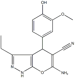 6-amino-3-ethyl-4-(4-hydroxy-3-methoxyphenyl)-1,4-dihydropyrano[2,3-c]pyrazole-5-carbonitrile 结构式