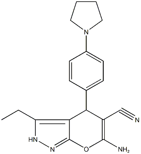 6-amino-3-ethyl-4-[4-(1-pyrrolidinyl)phenyl]-2,4-dihydropyrano[2,3-c]pyrazole-5-carbonitrile 结构式