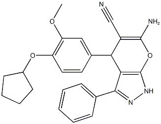 6-amino-4-[4-(cyclopentyloxy)-3-methoxyphenyl]-3-phenyl-1,4-dihydropyrano[2,3-c]pyrazole-5-carbonitrile 结构式