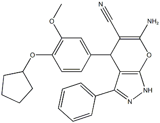 6-amino-4-[4-(cyclopentyloxy)-3-methoxyphenyl]-3-phenyl-1,4-dihydropyrano[2,3-c]pyrazole-5-carbonitrile,825602-85-5,结构式