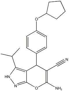 6-amino-4-[4-(cyclopentyloxy)phenyl]-3-isopropyl-2,4-dihydropyrano[2,3-c]pyrazole-5-carbonitrile,825603-02-9,结构式