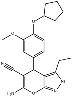 6-amino-4-[4-(cyclopentyloxy)-3-methoxyphenyl]-3-ethyl-2,4-dihydropyrano[2,3-c]pyrazole-5-carbonitrile Struktur