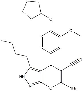 6-amino-3-butyl-4-[4-(cyclopentyloxy)-3-methoxyphenyl]-2,4-dihydropyrano[2,3-c]pyrazole-5-carbonitrile,825603-05-2,结构式