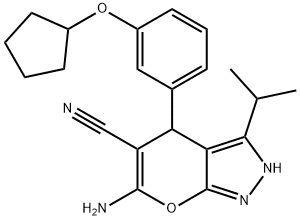 6-amino-4-[3-(cyclopentyloxy)phenyl]-3-isopropyl-2,4-dihydropyrano[2,3-c]pyrazole-5-carbonitrile Structure