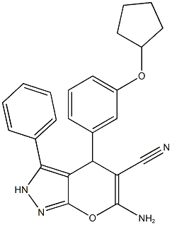 6-amino-4-[3-(cyclopentyloxy)phenyl]-3-phenyl-2,4-dihydropyrano[2,3-c]pyrazole-5-carbonitrile,825603-09-6,结构式