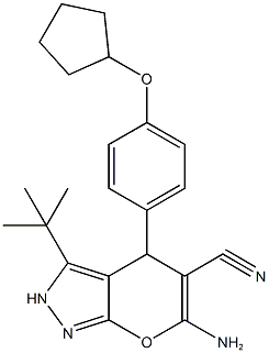 6-amino-3-tert-butyl-4-[4-(cyclopentyloxy)phenyl]-2,4-dihydropyrano[2,3-c]pyrazole-5-carbonitrile 结构式