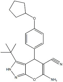 6-amino-3-tert-butyl-4-[4-(cyclopentyloxy)phenyl]-2,4-dihydropyrano[2,3-c]pyrazole-5-carbonitrile,825603-18-7,结构式