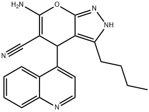 6-amino-3-butyl-4-(4-quinolinyl)-2,4-dihydropyrano[2,3-c]pyrazole-5-carbonitrile Struktur