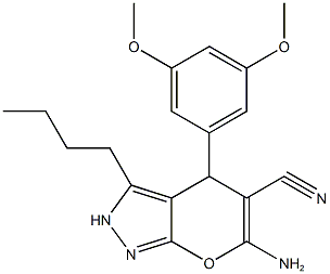 6-amino-3-butyl-4-(3,5-dimethoxyphenyl)-2,4-dihydropyrano[2,3-c]pyrazole-5-carbonitrile 结构式