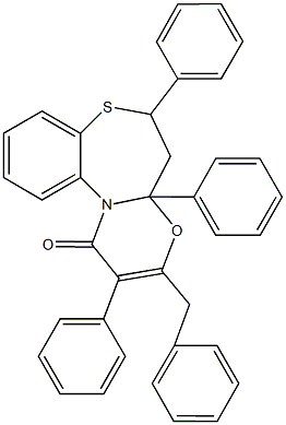 3-benzyl-2,4a,6-triphenyl-5,6-dihydro-1H,4aH-[1,3]oxazino[2,3-d][1,5]benzothiazepin-1-one Struktur