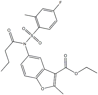 ethyl 5-{butyryl[(4-fluoro-2-methylphenyl)sulfonyl]amino}-2-methyl-1-benzofuran-3-carboxylate 化学構造式