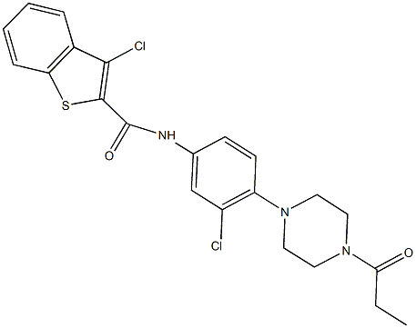 3-chloro-N-[3-chloro-4-(4-propionyl-1-piperazinyl)phenyl]-1-benzothiophene-2-carboxamide 结构式